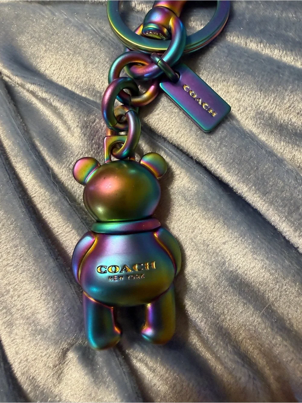 Coach Iridescent Rainbow Oil Slick Teddy Bear Keychain Charm
